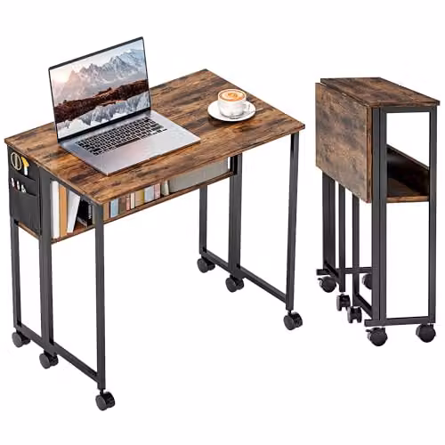 HOMCOM Folding Writing Desk with Storage Shelf and Bag in Rustic Brown