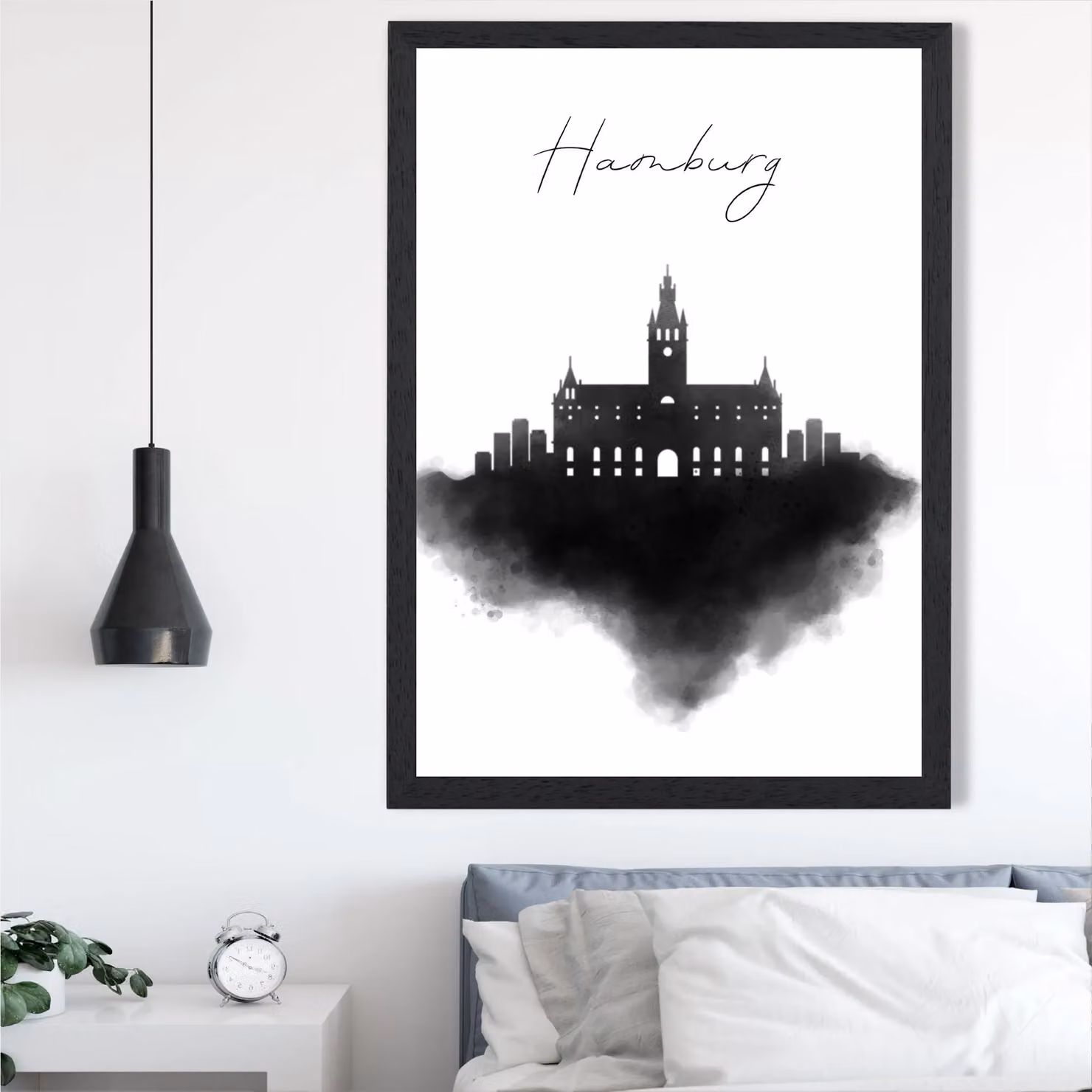 ARTZE Hamburg Watercolour Skyline City Framed Print in Black – 2