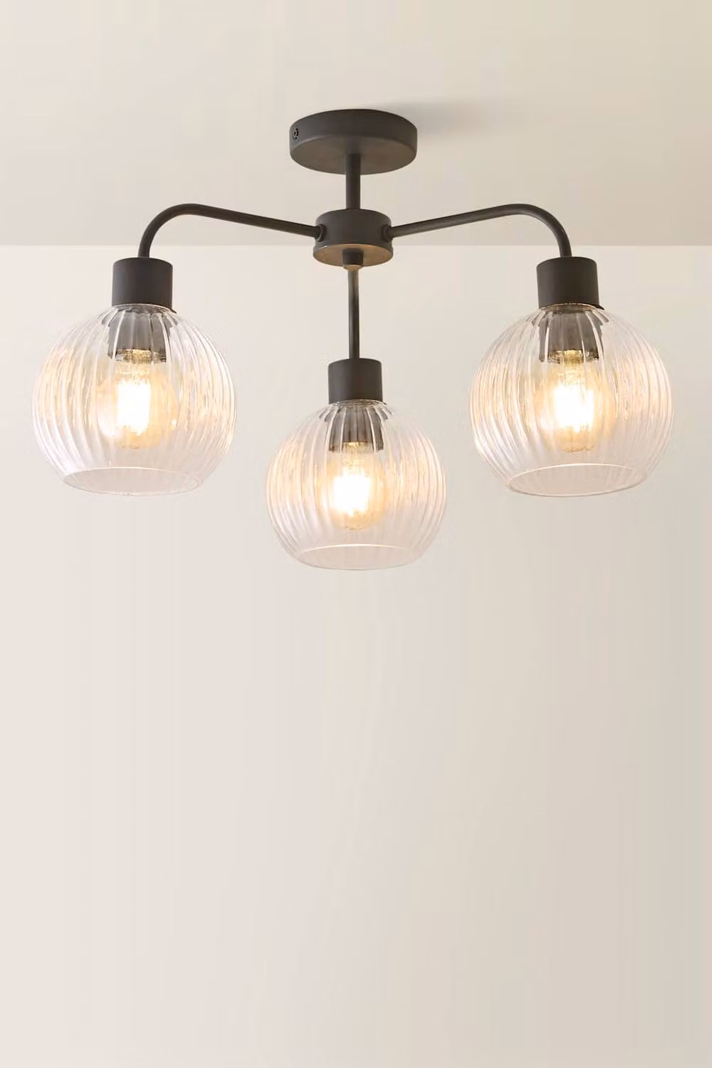 ValueLights Maddison 3 Arm Ceiling Light with Transparent Ribbed Glass Globe Shades and Filament Bulbs in Black – 2