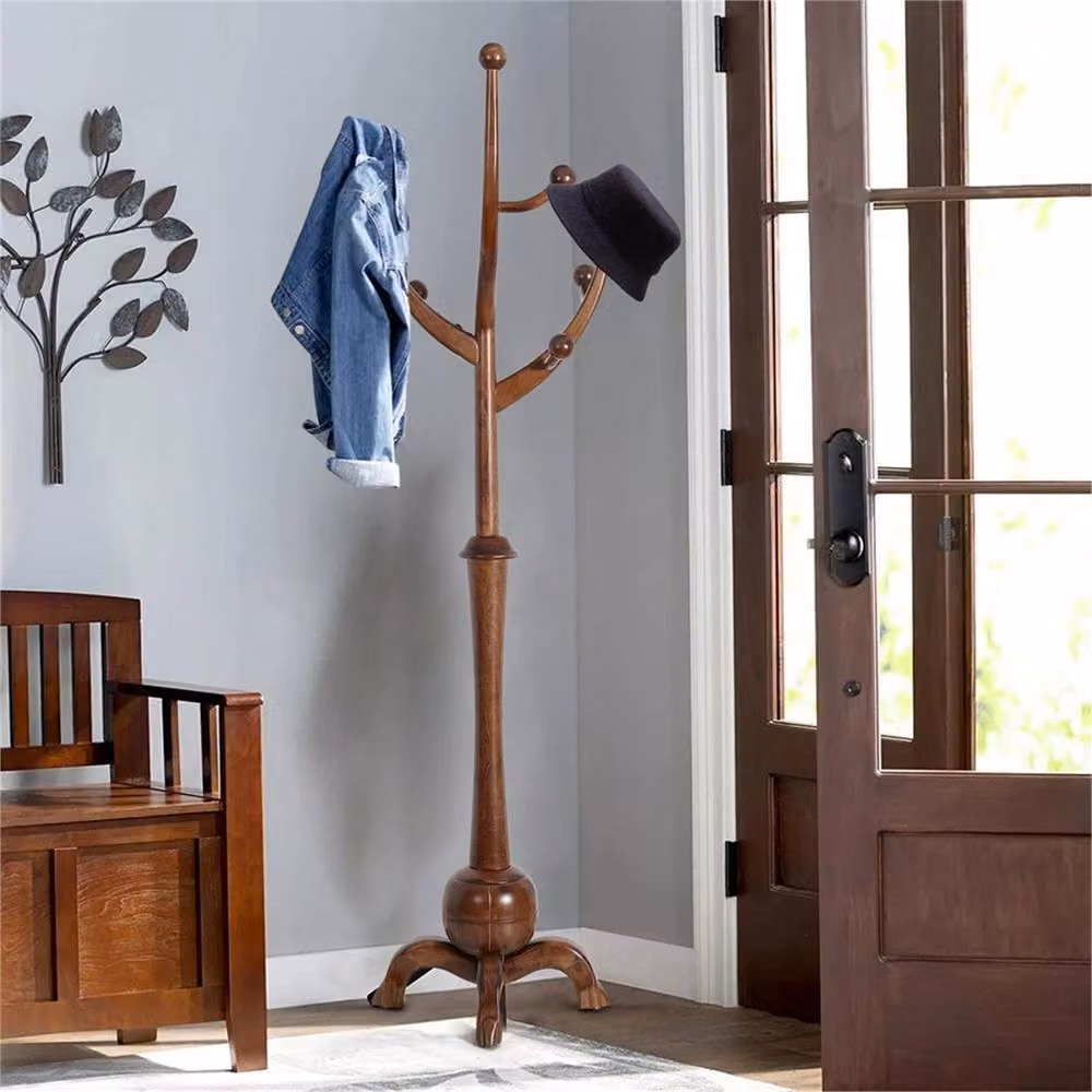 Nordara Brown Rubberwood Freestanding Wooden Coat Rack Hallway Tree with 8 Hooks, H 180 cm x W 50 cm x D 72.6 cm – 2