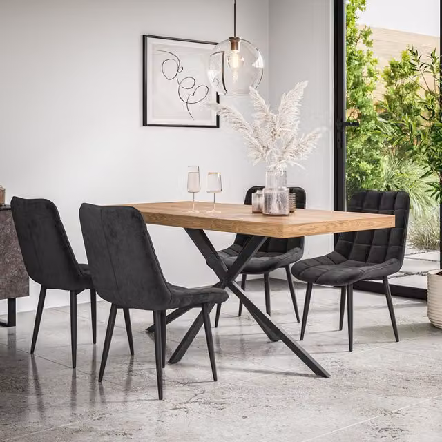 More4Homes Donni Dining Table and 6 Nova Velvet Dining Chairs Set, Oak Effect Table Top with Black Legs – 1