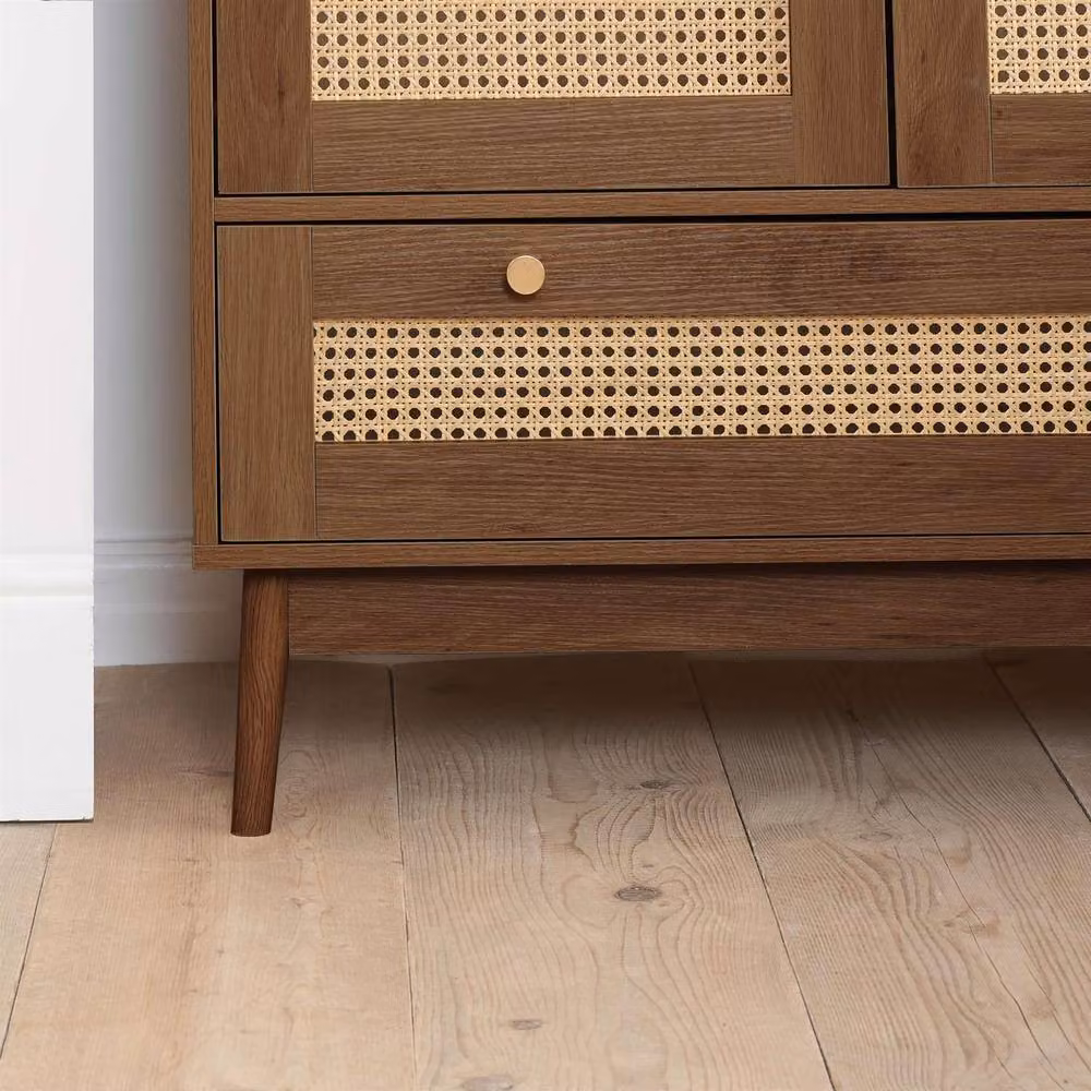 Birlea Croxley Mid Century Modern Rattan and Walnut 2 Door 1 Drawer Wardrobe in Brown, H 180 cm x W 90 cm x D 42 cm – 4