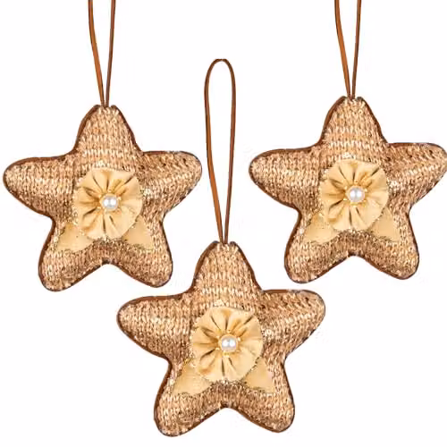 SHATCHI 3-Piece Gold Jute Star Christmas Tree Hanging Decorations, 12 cm