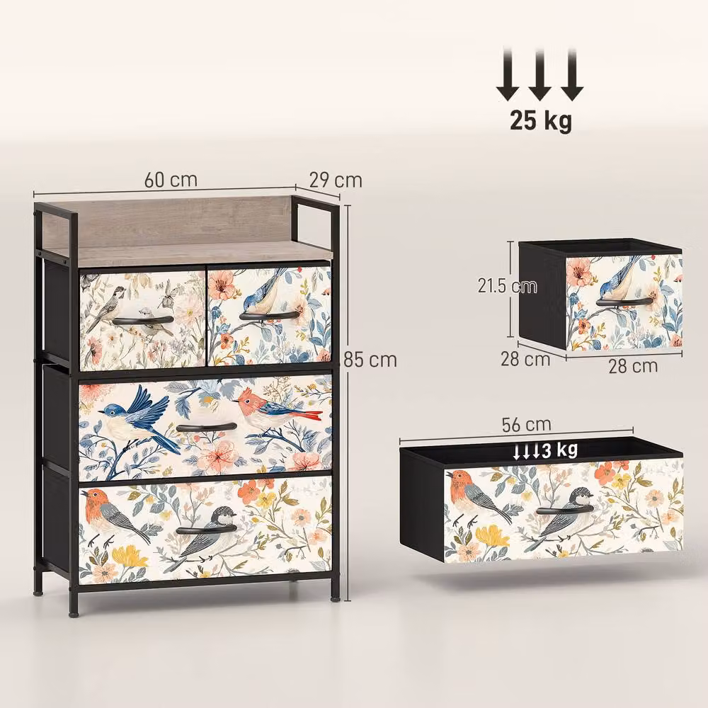 HOMCOM White Fabric Chest of Drawers with Open Shelf and Floral Design – 3