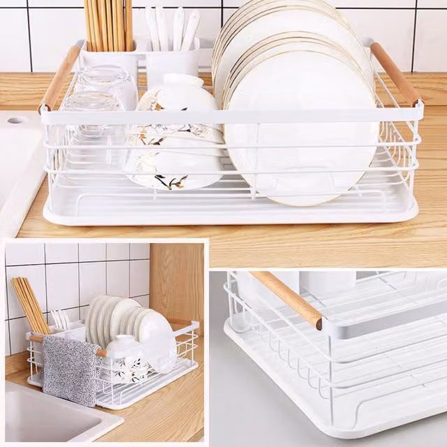 Livingandhome White Coated Steel and Wood Rectangular Drip Tray for Dish Drainers