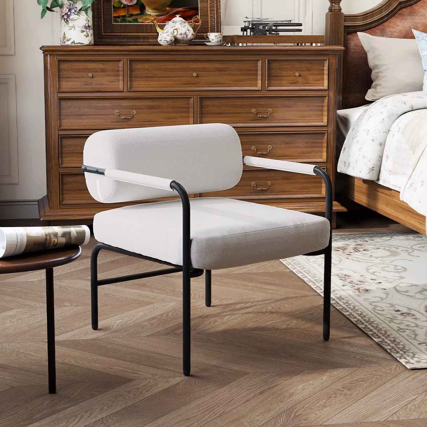 Gymax White Velvet Upholstered Accent Chair with Metal Frame – 3