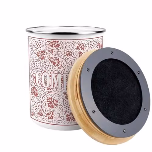 Wenko Oak Leaves & Berries Compost Caddy, Red Enamel Metal Kitchen Food Waste Bin with Removable Inner Bucket and Odour Filter, 2 L – 2