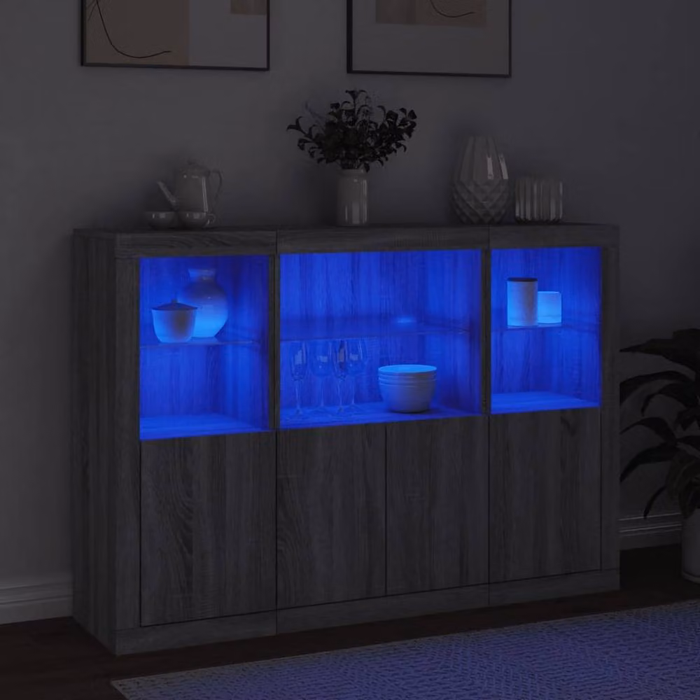 Berkfield Home Set of 3 Modern Grey Sonoma Engineered Wood Sideboards with Integrated LED Lighting – 2