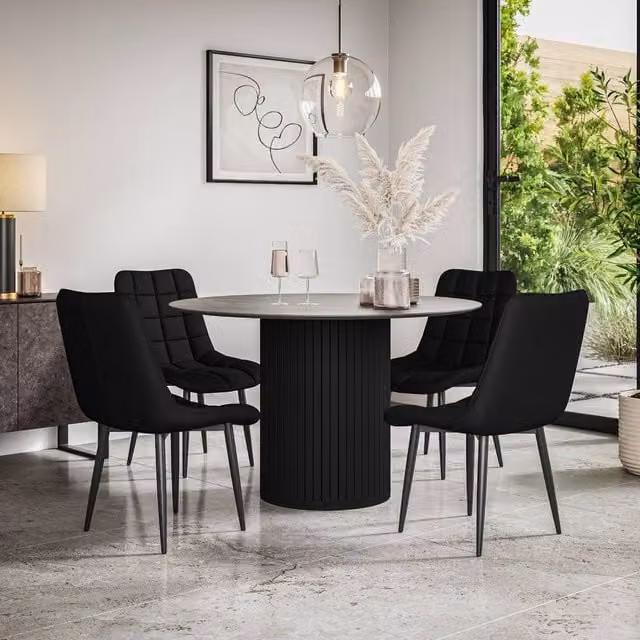 More4Homes Arlo Concrete Round Dining Table with Black Legs and 4 Nova Grey Faux Leather Dining Chairs Set, W: 120 cm, H: 75 cm