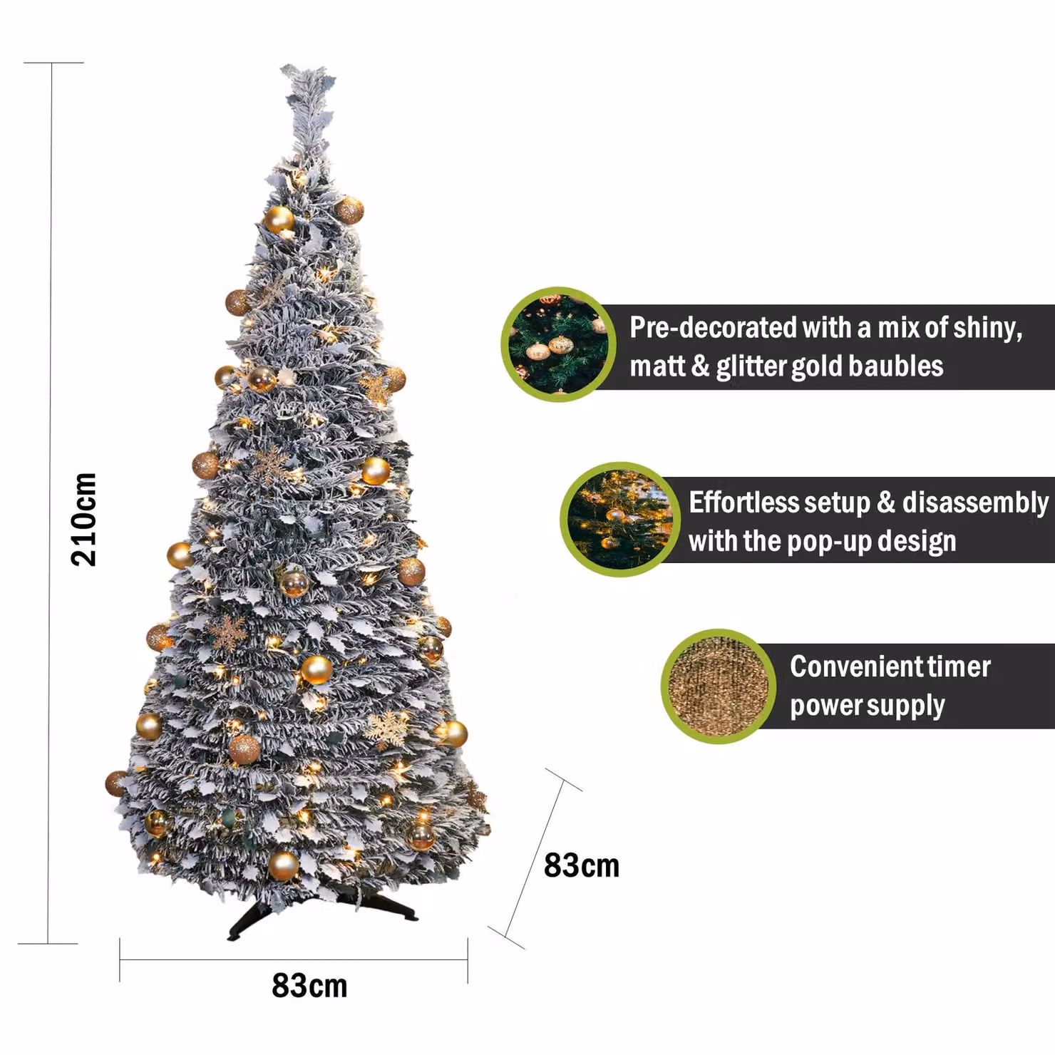 Pegdev Elegant Pop Up Pre Lit Christmas Tree with Gold Baubles, 200 Warm LEDs and Frosted Leaves, Green, Height: 2.1 m – 2
