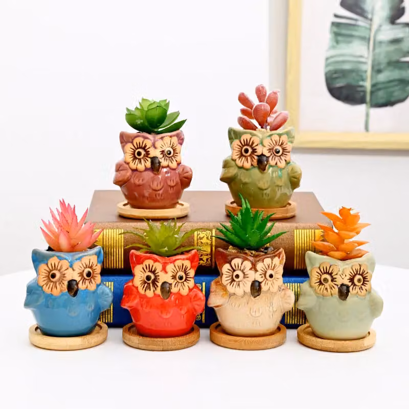 Simpa 6-Piece Multicolour Decorative Owl Themed Ceramic Plant Pots with Wood Bases, H 7.3 cm x Dia 7.3 cm – 2