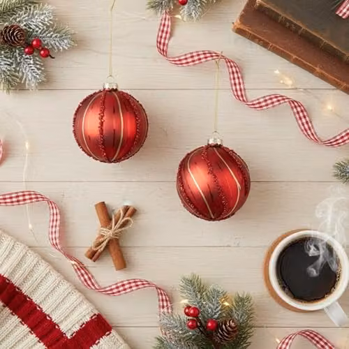 SHATCHI 12-Piece Red Glass Christmas Bauble Set with Assorted Geometric and Striped Designs, Diameter: 8 cm – 7