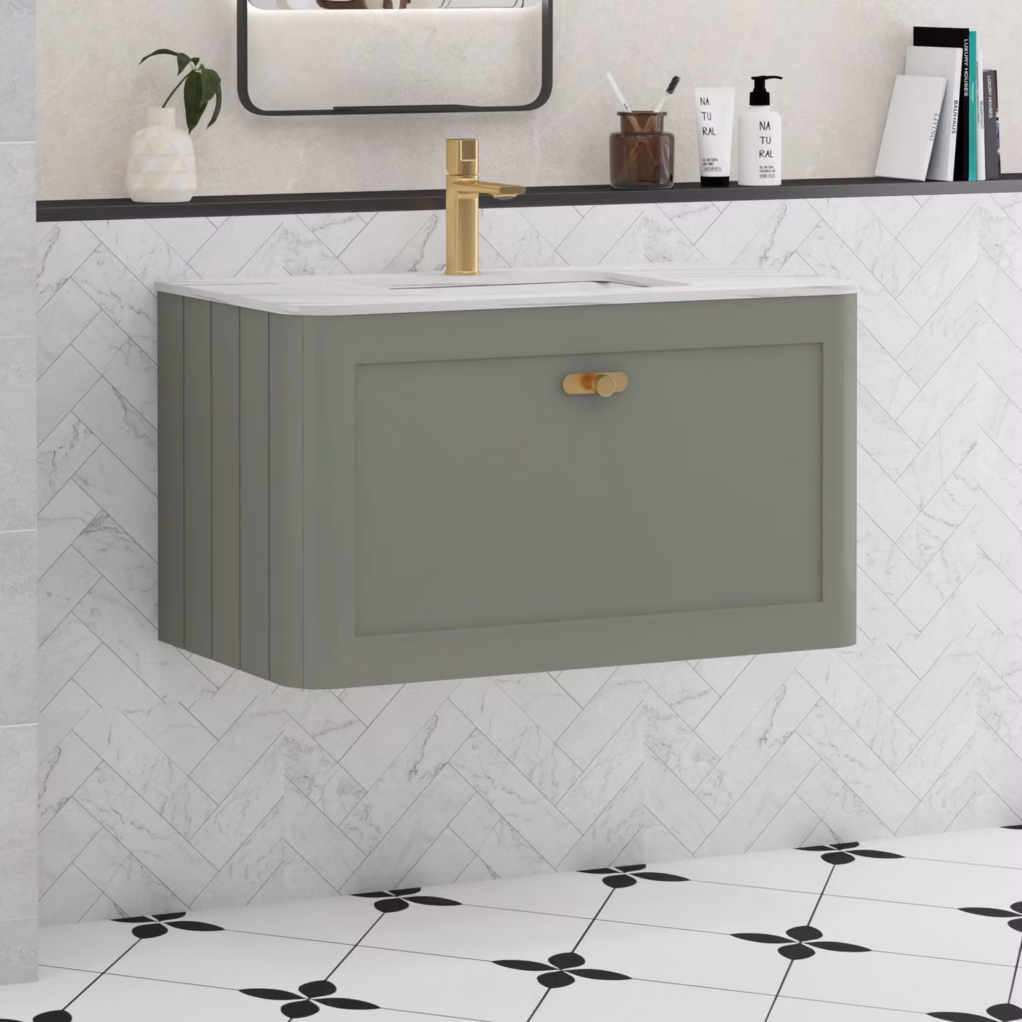 Royal Bathrooms Henley Wall Mounted Bathroom Vanity Unit with One Drawer in Matt Sage Green