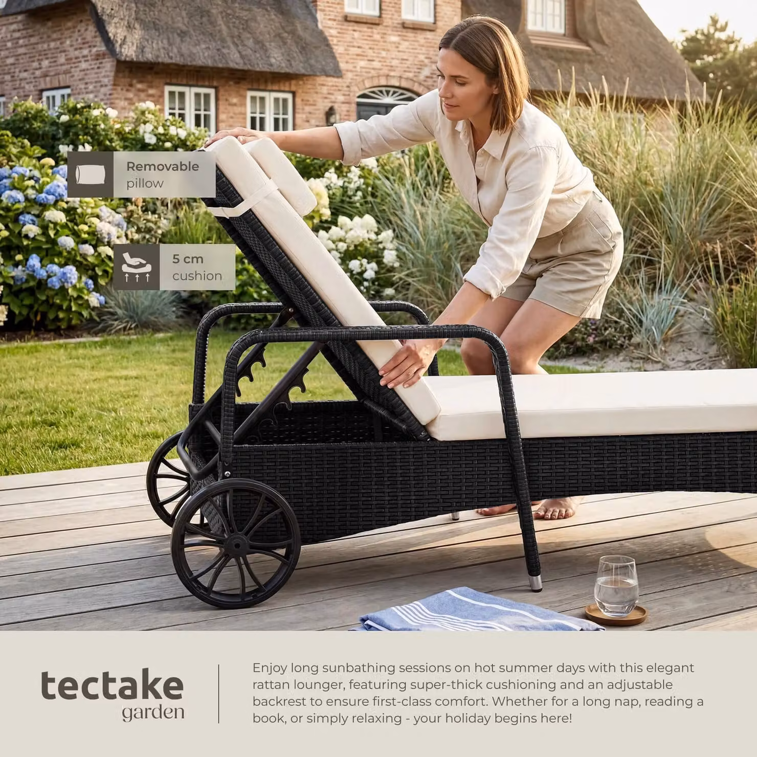 tectake Caspian 1 Seater Sun Lounger with Multicolour Weatherproof Cushion and Castors – 4