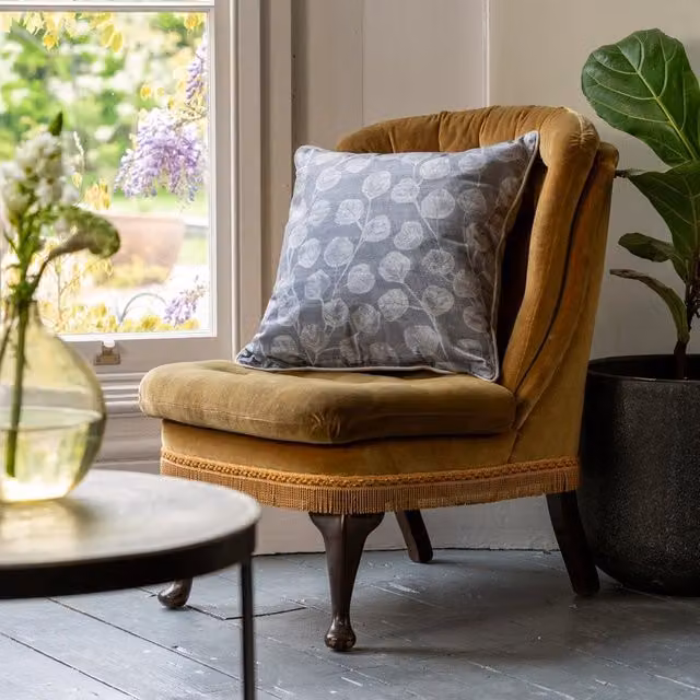 Linda Barker Ursulas Vine Piped Filled Square Velvet Cushion in Silver Grey, W x D: 50 x 50 cm