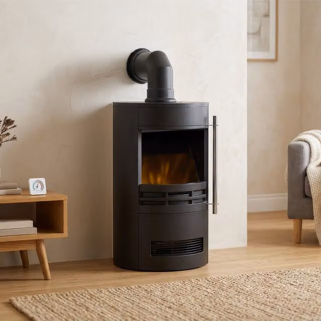 Sureflame Dunston Round Metal Stove with Angled Stove Pipe in Black
