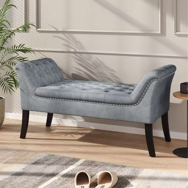 Livingandhome Grey Velvet Fabric Buttoned Armrest Bed Bench with Wooden Legs