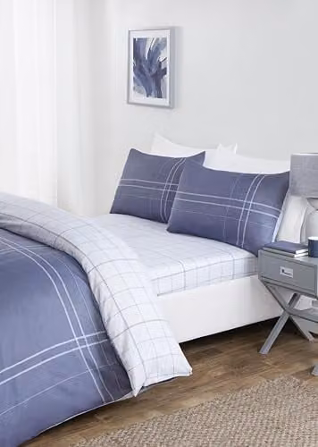 Rapport Home Blue and Grey Checked Microfibre Duvet Cover Set with Fitted Sheet and Pillowcases
