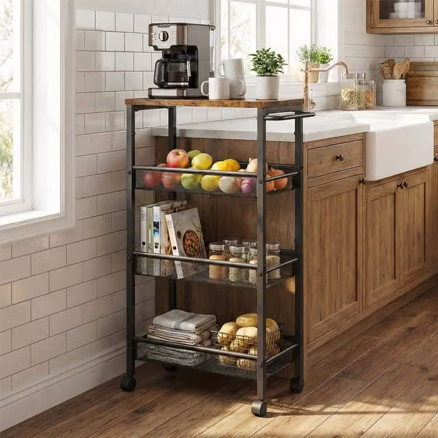 VASAGLE 4-Tier Metal Kitchen Trolley Cart with Wheels in Bronze