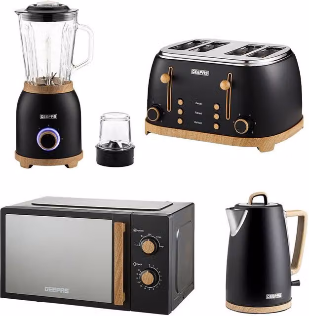 Geepas NordiQ Black Kettle, Toaster, Microwave and Blender Combo Set with Stainless Steel and Glass Finishes