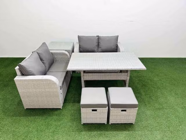 Fimous 6 Seater Rattan Garden Furniture Set with Rectangular Dining Table, 2 Small Stools and Side Table, Light Grey