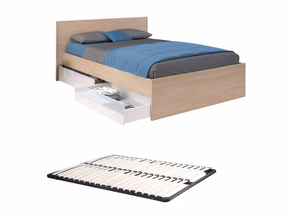 Vente-unique Double Bed with 2 Drawers in White, W/D/H: 193.6 x 140 x 82.6 cm – 2