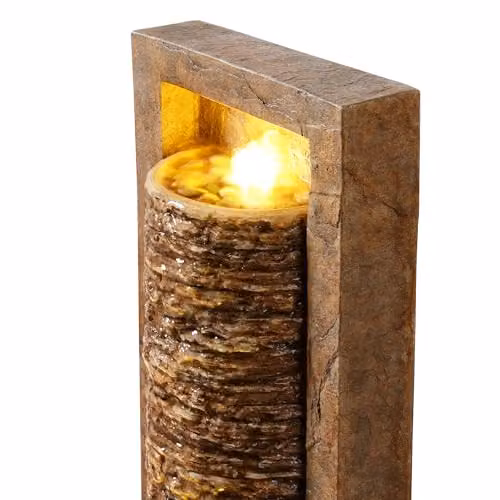 Teamson Home Brown Outdoor Water Feature Tall Cascade Waterfall Fountain with Warm LED Lights and Layered Rock Design – 7