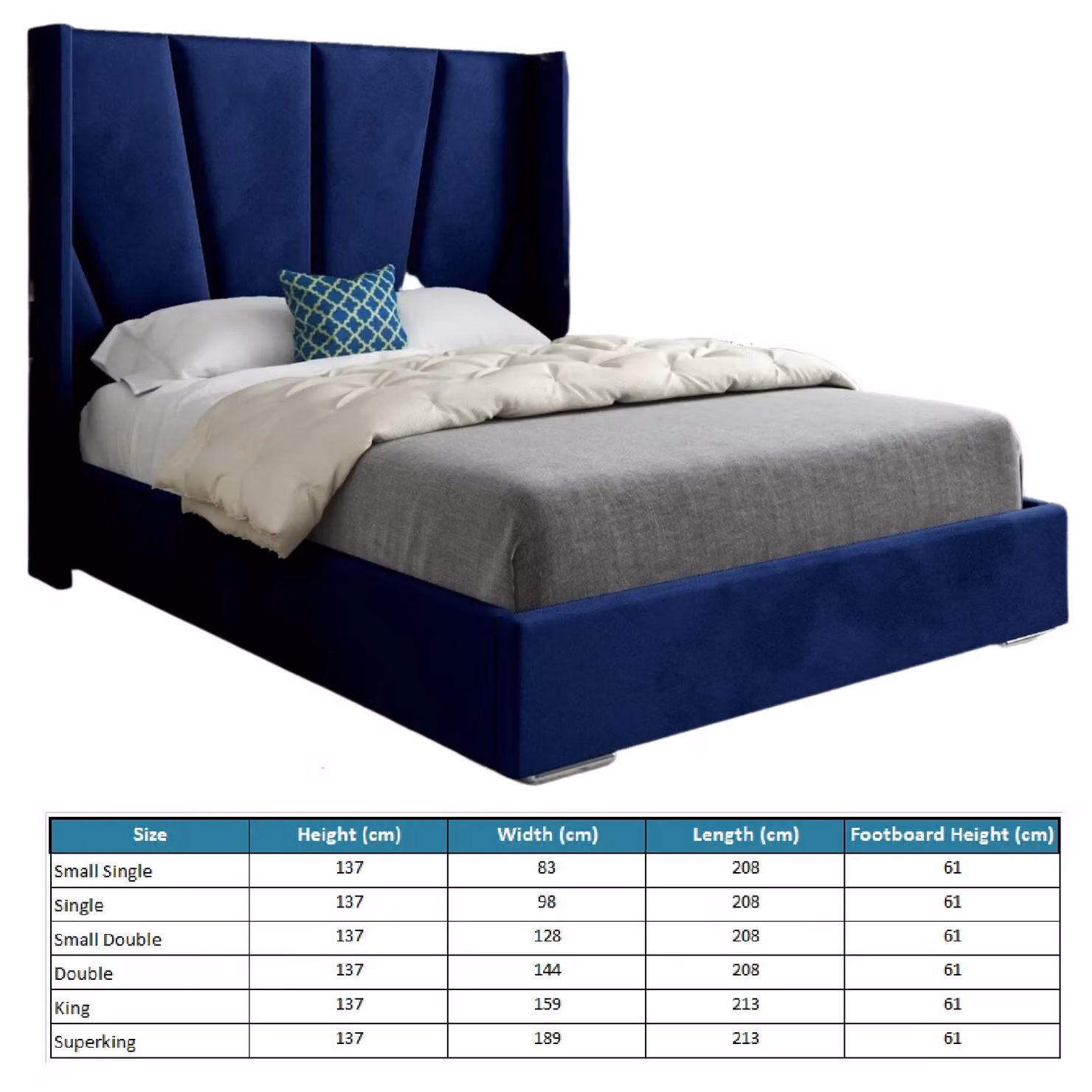 Casani Bellini Small Single Wide Curved Winged Upholstered Velvet Bed Frame in Blue – 4