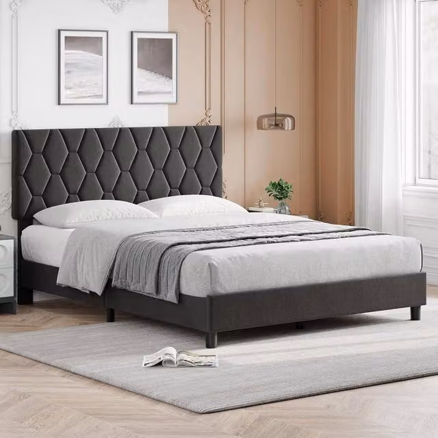 London Boutique Modern Double Size Upholstered Platform Bed Frame with Headboard in Grey, W/D/H: 140 x 200 cm