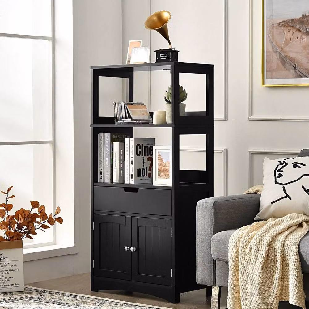Kelvenix Modern Black Wooden Tall Bathroom Floor Cabinet with Internal Drawers and Shelves – 3