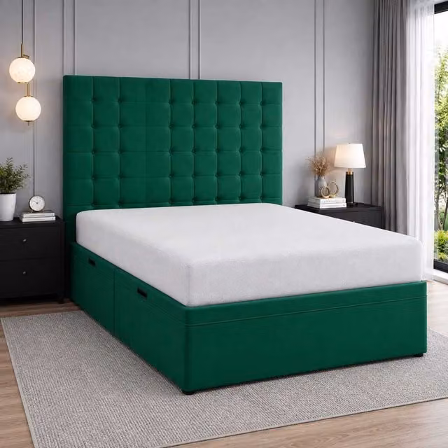 K Mehmood Enterprise Ltd Diana Luxury Green Velvet Upholstered Storage Bed with Geometric Headboard and Lift-Up Base