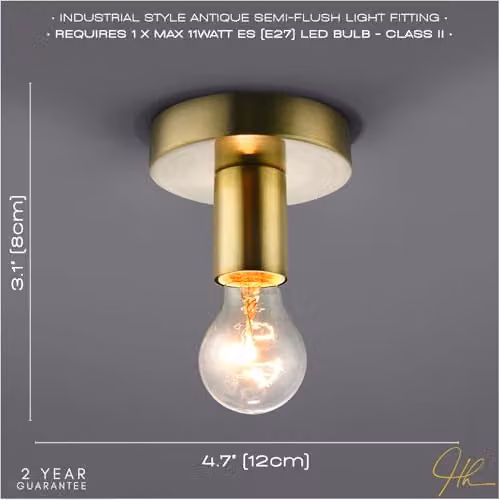 Happy Homewares Industrial Style Cylinder Ceiling or Wall Light Fitting in Gold/Brass, W/D/H: 12 x 8 x 12 cm – 2