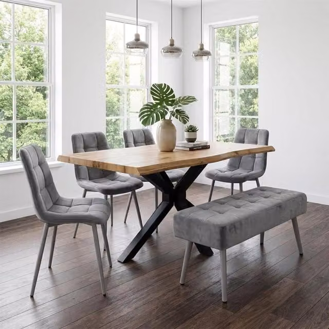KOSY KOALA Brown Wooden Dining Set with 2 Grey Velvet Chairs and Padded Bench – 1