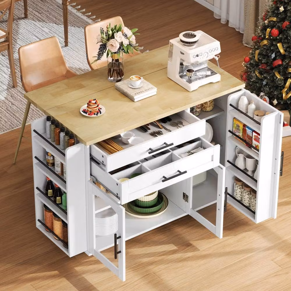 Rolipo Mobile Kitchen Island with Foldable Worktop and Spice Rack in White – 6