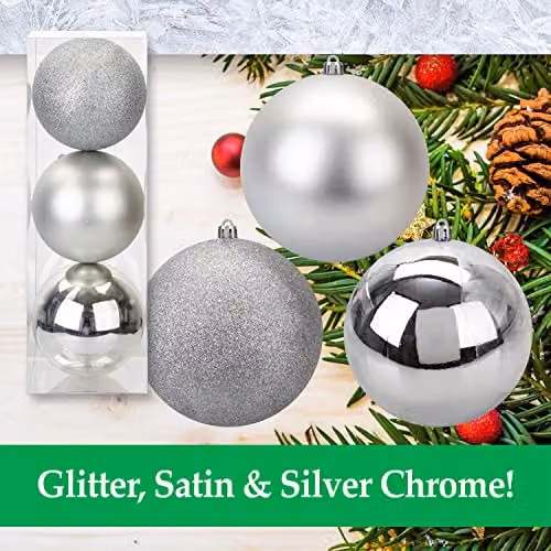 VFM e-Store Silver Round Christmas Baubles, 3 Pack, Diameter: 12 cm – 3