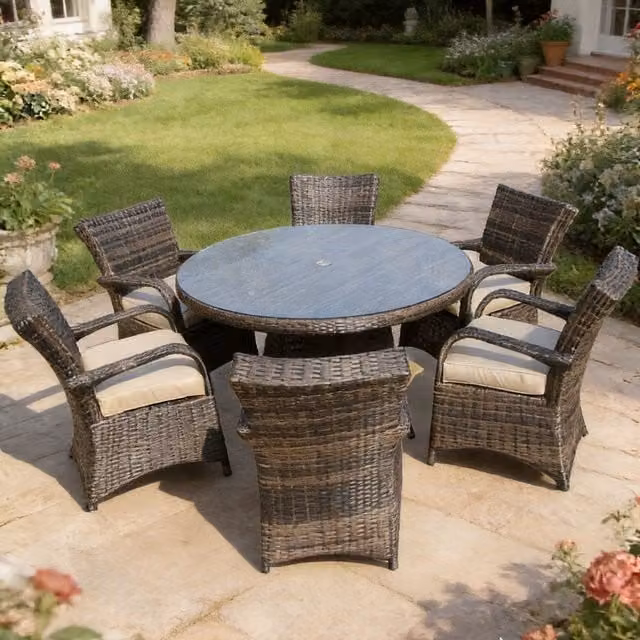 FURNITURE ONE Brown Rattan Effect 6 Seater Dining Set with Round Table and Aluminium Frame