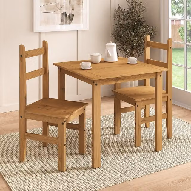 Mews Rustic Waxed Pine Dining Set with Square Table and 3 Chairs in Brown and Black