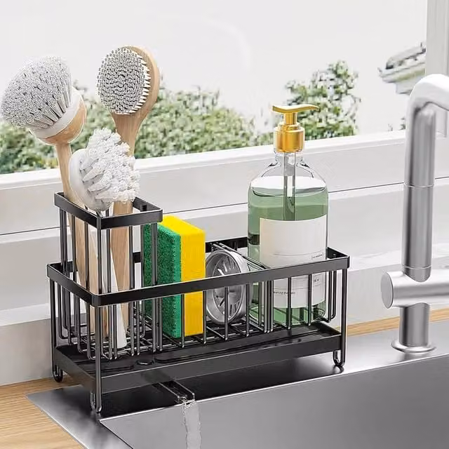 VOGREX Black Carbon Steel Kitchen Sink Sponge Holder Caddy Rack in Black