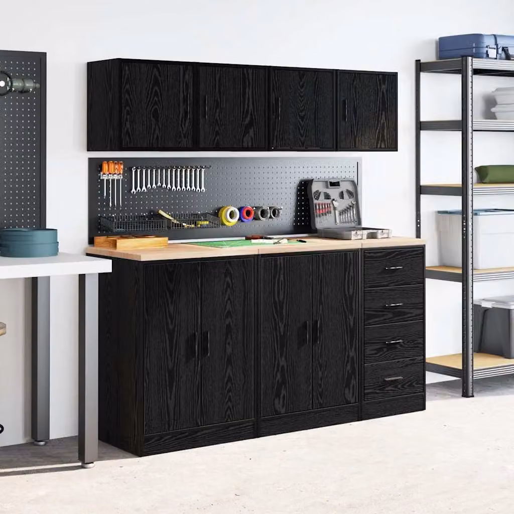 Berkfield Home Set of 2 Black Matt MDF Wall Mounted Garage Cabinets with Hinged Doors and Internal Shelves – 3