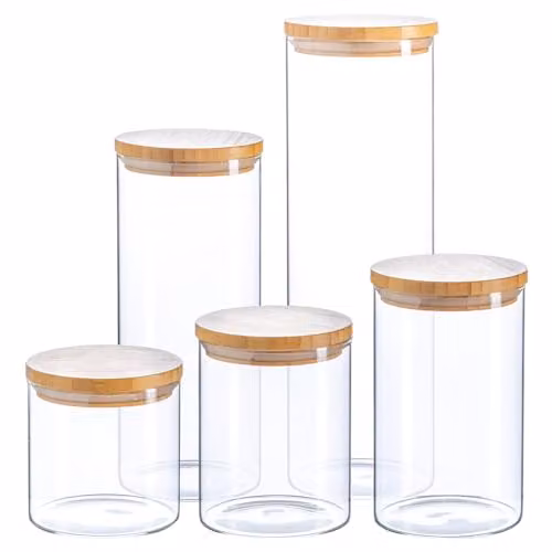 Argon Tableware Scandi Airtight Glass Storage Jar Set with Wooden Lids, 5 Pieces, Transparent