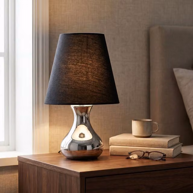Orsina Black Fabric Shade Bedside Lamp with Chrome Base, Modern Minimalist Table Light H: 36 cm, W: 22 cm, D: 22 cm – 2