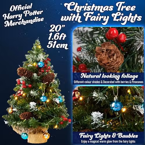 Harry Potter Pre-lit Mini Artificial Tabletop Christmas Tree with 12 Baubles and White LED String Lights in Green, White and Red – 6