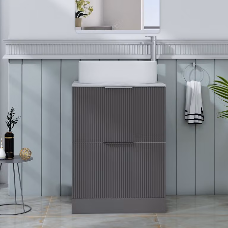 Royal Bathrooms Evora 600mm Graphite Grey Fluted Floor Standing Countertop Vanity Unit with 2 Drawers and Peak Basin