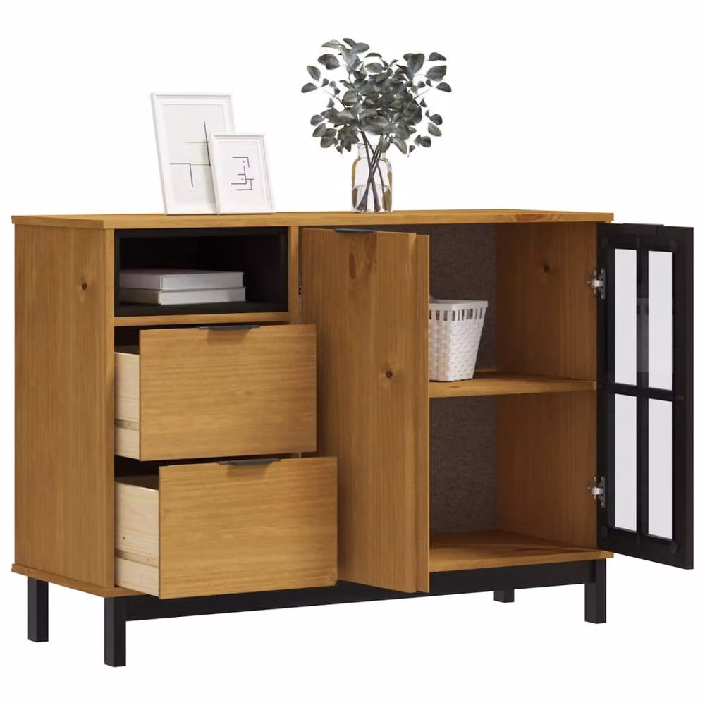 Berkfield Home FLAM Sideboard with Glass Door in Brown Solid Pine Wood, W/D/H: 110 x 40 x 80 cm – 3