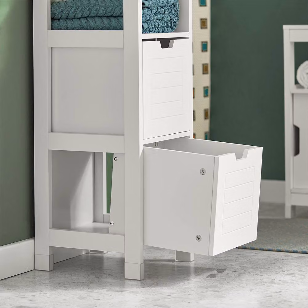 SoBuy Narrow White Bathroom Cabinet with 2 Drawers and Open Shelf, Height: 90 cm – 3