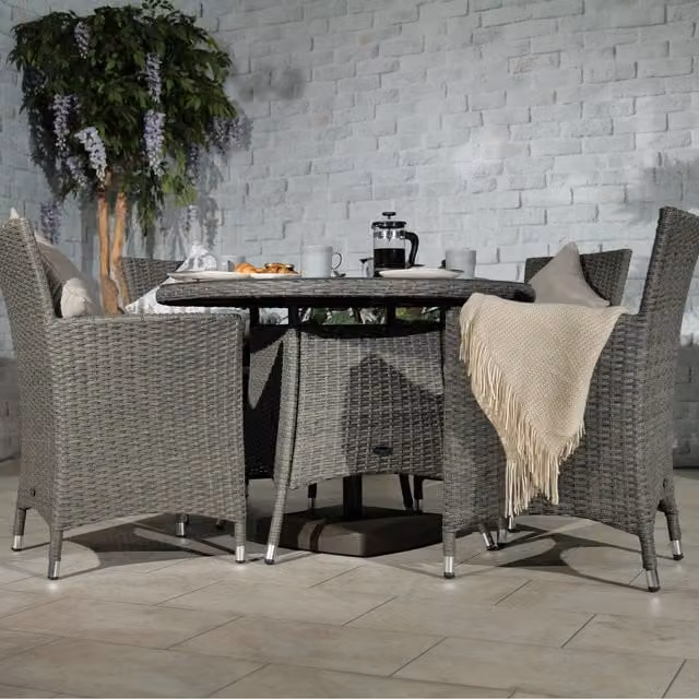 Royalcraft Paris 4 Seater Round Dining Set with Glass Top and Grey Polyrattan Chairs