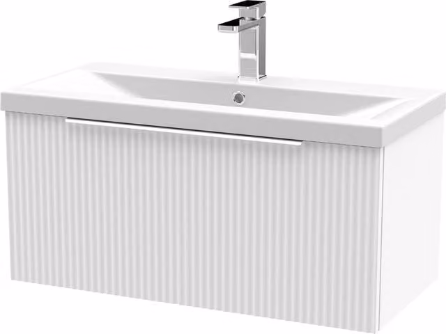 Balterley Fluted Wall Hung 1 Drawer Vanity Basin Unit and Basin, Satin White, Width: 80 cm
