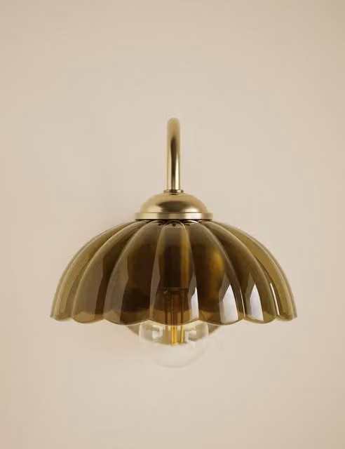 M&S Green Glass Scallop Dome Wall Light with Gold/Brass Metal Details
