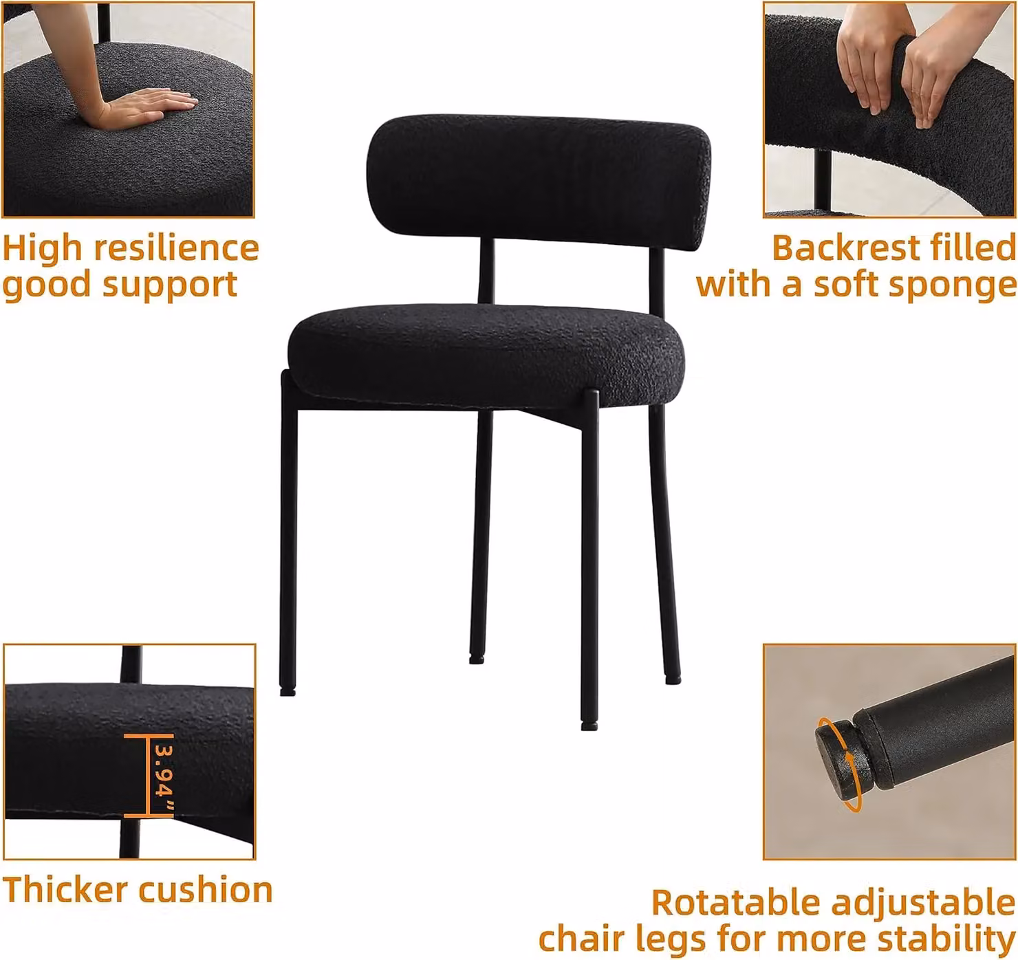 Xample Set of 2 Mid-Century Dining Chairs in Black Bouclé Fabric with Metal Legs, H 76 x W 50 x D 53 cm – 3
