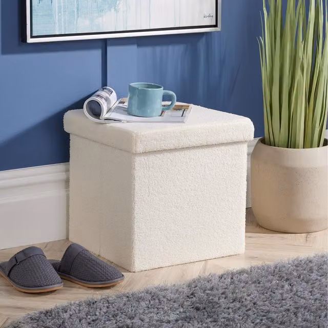 Home Source Square Bouclé Ottoman in Cream